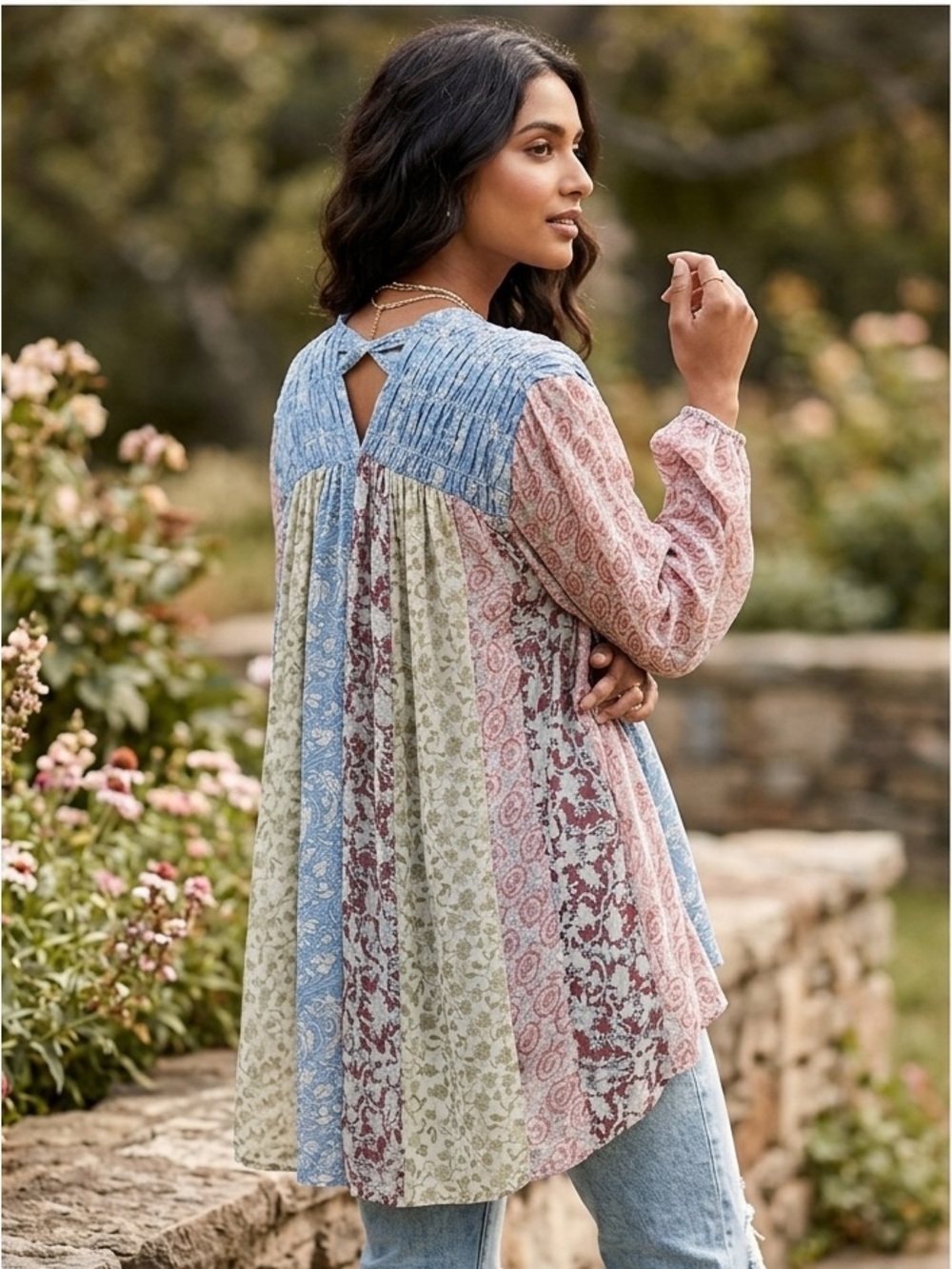 Free People Blue and Cream Floral Tiered sheer patchwork Tunic small